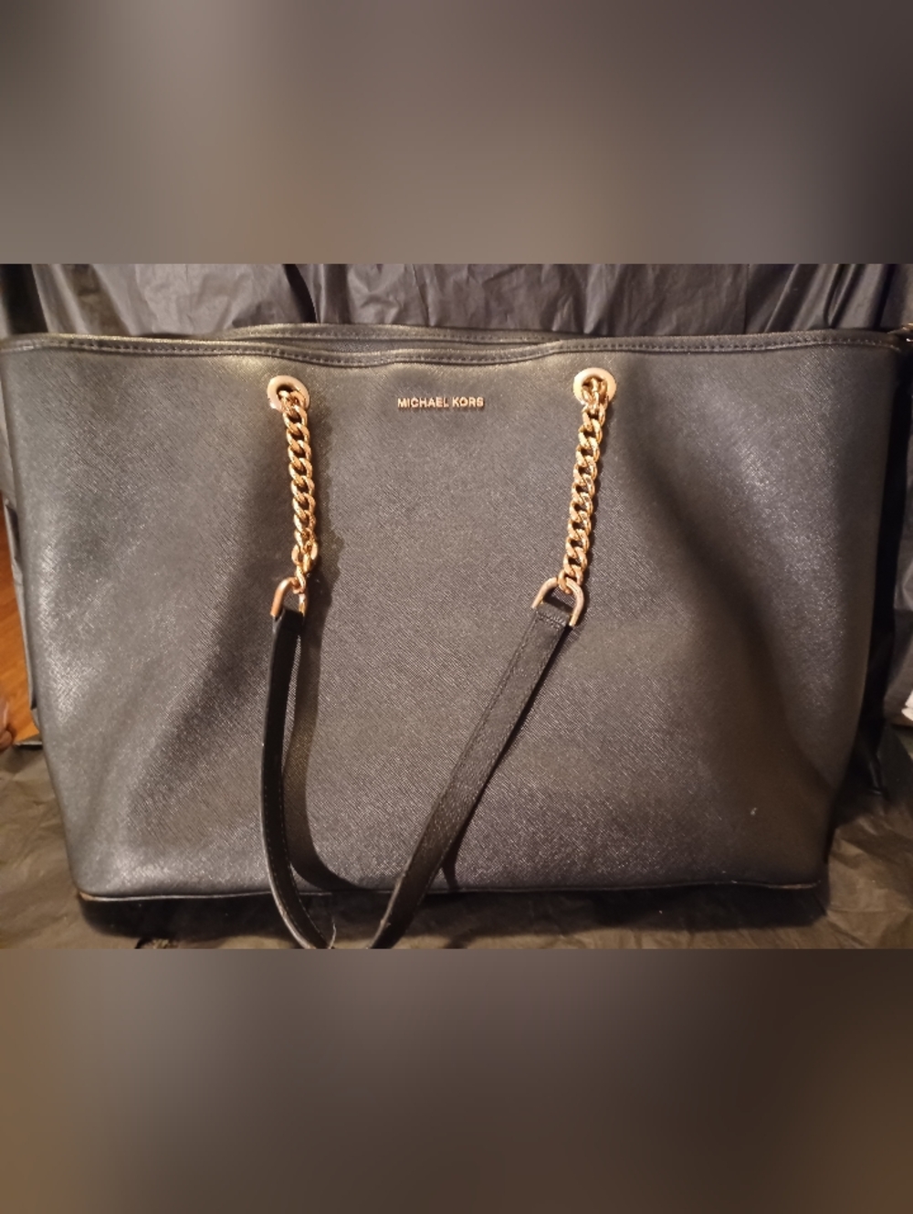 Michael Kors Black Saffiano Tote with Gold Chain & Leather Handles